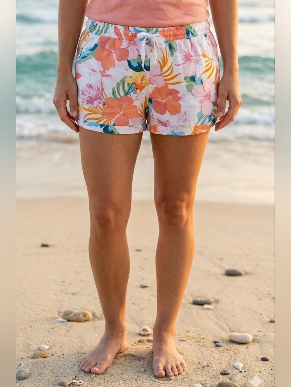 Hurley White Floral Drawstring Athletic Shorts with Orange, Pink & Yellow Blooms